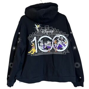 Disney 100 Years Wonder Zip Up Hoodie Black Purple Embroidered Print 2X Art Deco